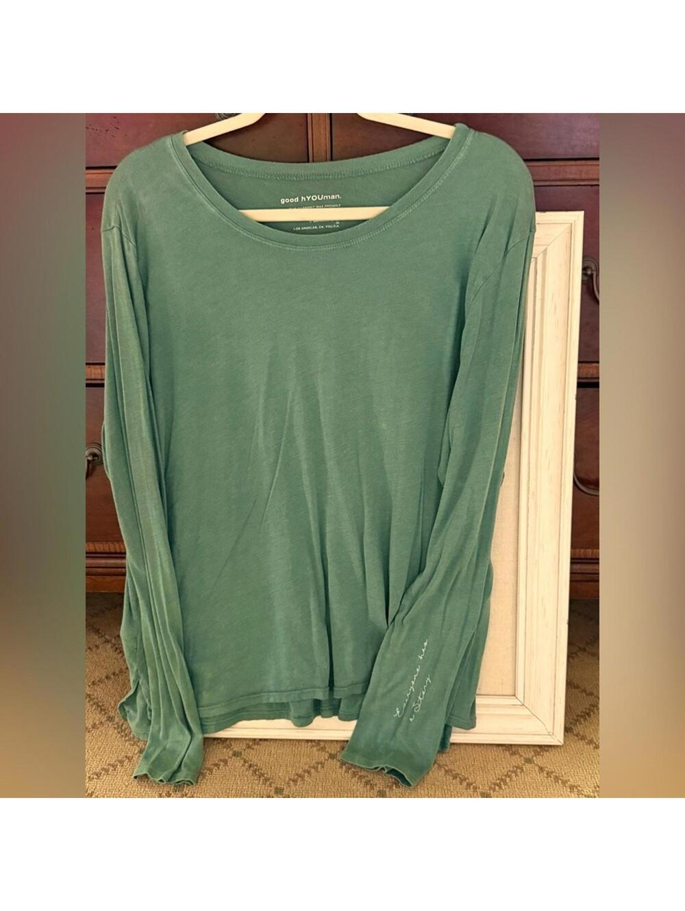 good hYOUman washed green long sleeve T-shirt with text on the sleeve.  NWOT L